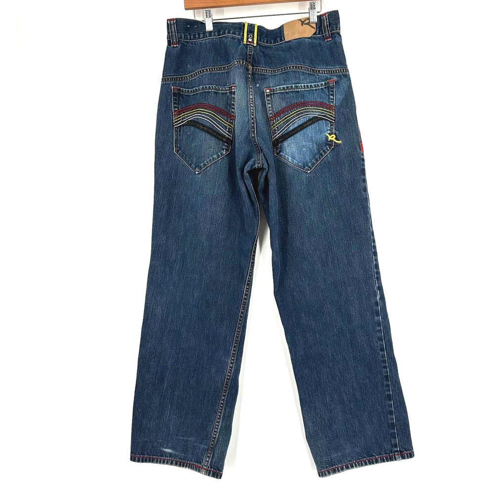 VTG Y2K Rocawear Baggy Jeans Embroidered Rainbow Pocket 36X31 Mens Streetwear